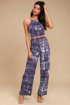 Lucy Love | Gangsta Of Love Indigo Print Jumpsuit | Size Large | Blue | 100% Rayon | Lulus