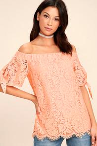 Lulus Ethereal View Peach Lace Off-the-shoulder Top