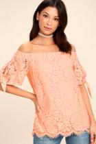 Lulus Ethereal View Peach Lace Off-the-shoulder Top