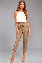 Lulus | Smooth Moves Taupe Satin Jogger Pants | Size Large | Brown | 100% Polyester