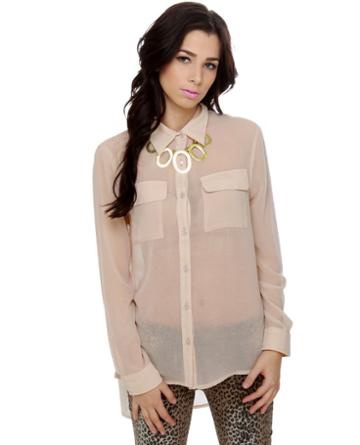 Trivia Night Beige Button-Up Top