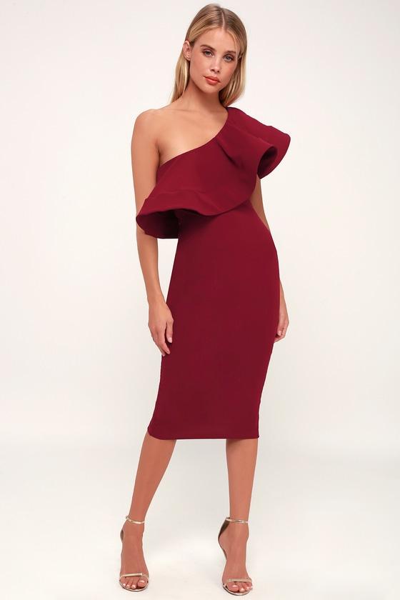 One And Stun Burgundy Ruffled One-shoulder Bodycon Midi Dress | Lulus