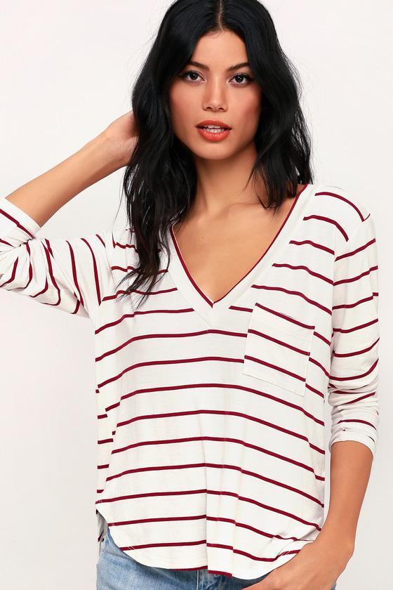 Lulus Basics Ellie Burgundy Striped Long Sleeve V-neck Top | Lulus