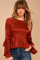 Black Swan | Cait Wine Red Satin Flounce Sleeve Top | Size X-small | Lulus