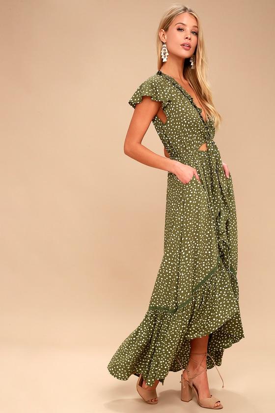 Kivari Capri Spot Tie Up Olive Green And White Polka Dot Dress | Lulus