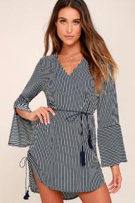 Faithfull The Brand Neroli Navy Blue Striped Long Sleeve Dress
