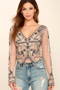 Verty Best For Last Sheer Beige Beaded Crop Top
