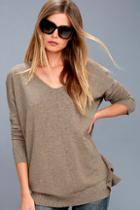 Lulus Feel The Magic Heather Light Brown V-neck Sweater Top