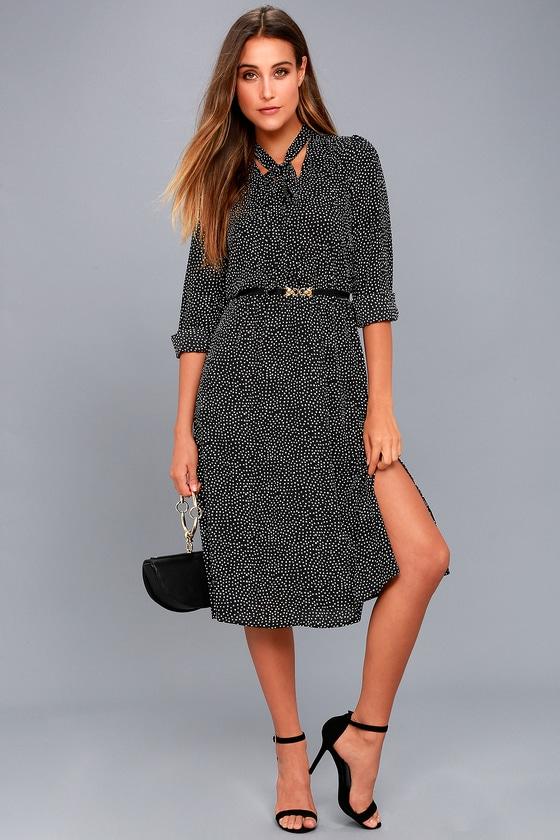 Lulus | Save A Spot Black Polka Dot Long Sleeve Midi Dress | Size Large | 100% Polyester