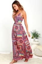 Lulus | Sunrise To Sunset Coral Pink Print Maxi Dress | Size X-large | 100% Polyester
