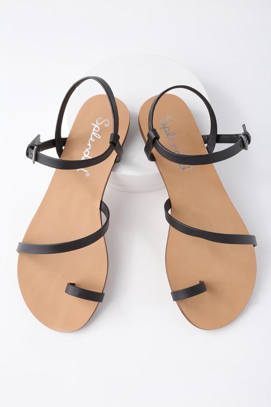 Splendid Flower Black Leather Flat Sandal Heels | Lulus