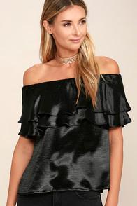 Lulus Time To Shimmer Black Satin Off-the-shoulder Top