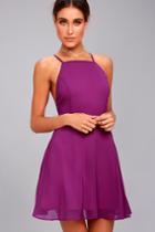 Lulus | Letter Of Love Magenta Backless Skater Dress | Size Medium | Purple | 100% Polyester