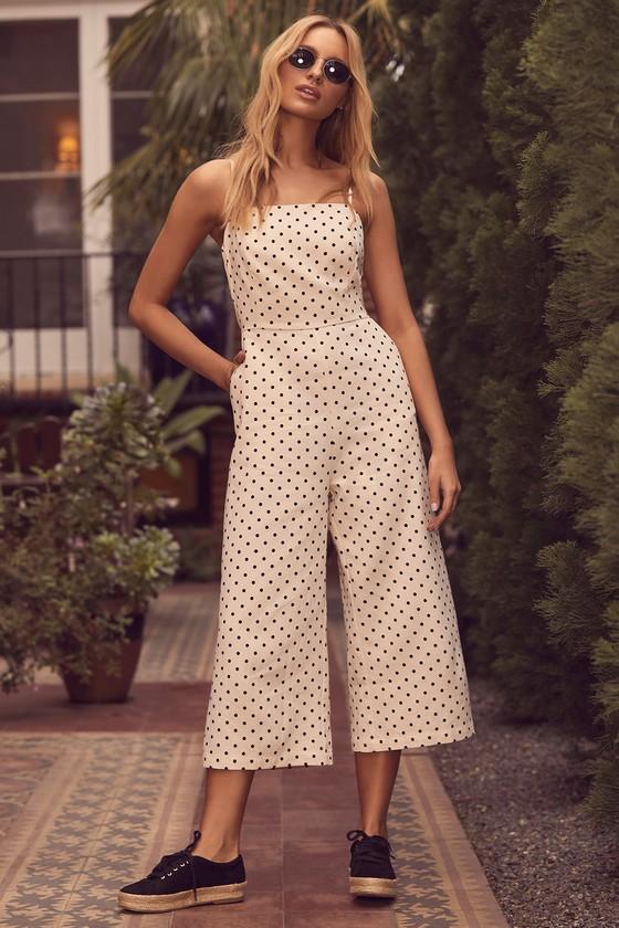 San Clemente Black And Cream Polka Dot Culotte Jumpsuit | Lulus