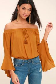 Lulus Festival Camp Burnt Orange Off-the-shoulder Crop Top