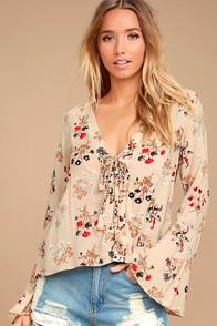 Sage The Label Sweet Alyssum Blush Floral Print Long Sleeve Lace-up Top