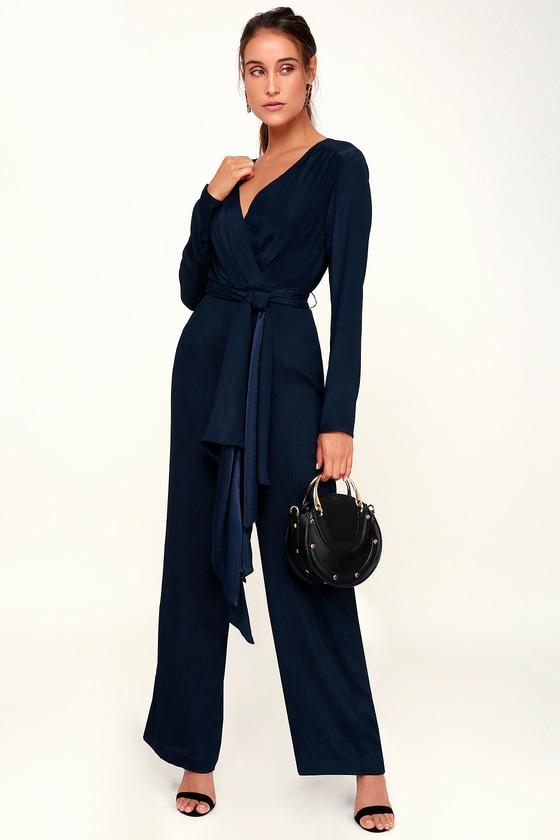 C/meo Eminence Navy Blue Long Sleeve Wide-leg Jumpsuit | Lulus