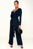 C/meo Eminence Navy Blue Long Sleeve Wide-leg Jumpsuit | Lulus
