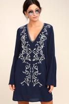 Lulus Beauty And The Beach Navy Blue Embroidered Long Sleeve Dress