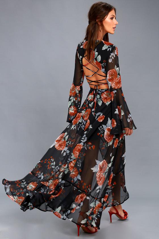 Lulus | Petals On The Breeze Black Floral Print Maxi Dress | Size Large | 100% Polyester