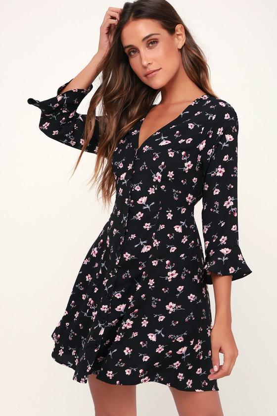 Love Blossoms Black Floral Print Button-up Flounce Sleeve Dress | Lulus