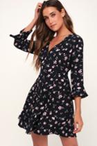 Love Blossoms Black Floral Print Button-up Flounce Sleeve Dress | Lulus