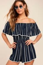 See Ya There Navy Blue Print Off-the-shoulder Romper | Lulus