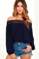 Lulus | Festival Day Navy Blue Lace Off-the-shoulder Crop Top | Size X-large | 100% Polyester