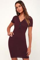 Hello Again Plum Purple Ribbed Button-front Bodycon Midi Dress | Lulus