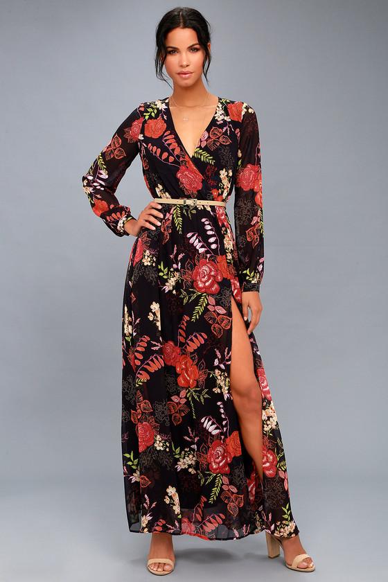 Lulus | Wondrous Water Lilies Orange And Black Floral Print Maxi Dress | Size Large | 100% Polyester