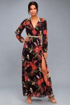 Lulus | Wondrous Water Lilies Orange And Black Floral Print Maxi Dress | Size Large | 100% Polyester