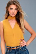 Lulus | Ciao Bella Mustard Yellow Cutout Mock Neck Tank Top | Size Large | 100% Polyester