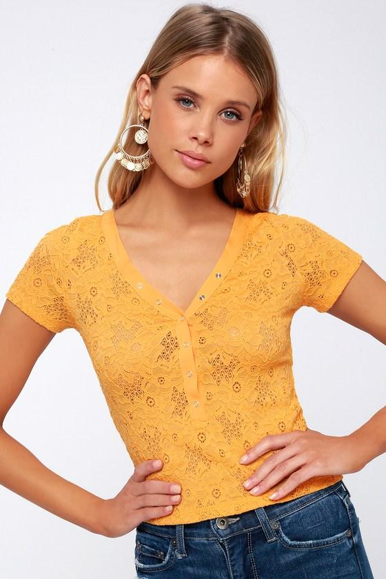 Santa Barbara Golden Yellow Lace Cropped Tee | Lulus