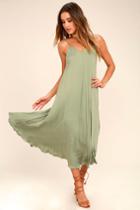 Lulus | Lasting Memories Washed Olive Green Midi Dress | Size Small | 100% Rayon