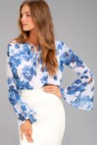 Lulus | Iolana Blue And White Floral Print Long Sleeve Top | Size Large | 100% Polyester
