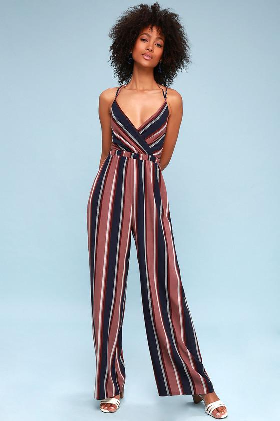 Jump On It Navy Blue And Mauve Striped Lace-up Jumpsuit | Lulus