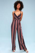 Jump On It Navy Blue And Mauve Striped Lace-up Jumpsuit | Lulus