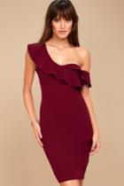 Lulus | Give Me A Beat Burgundy Off-the-shoulder Bodycon Midi Dress | Size Large | Red