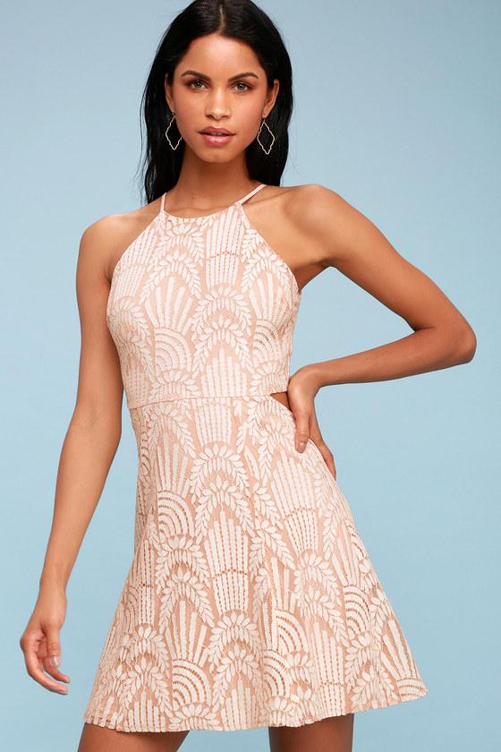 Casey Blush Lace Cutout Skater Dress | Lulus