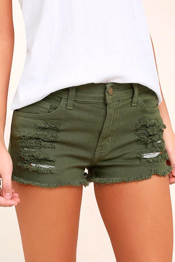 O2 Denim | Cut-off The Map Olive Green Distressed Jean Shorts | Size Large | Lulus