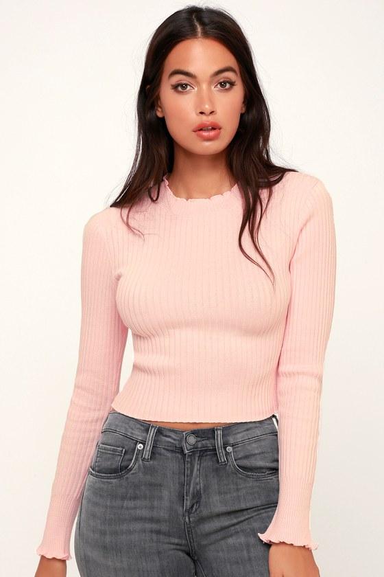 Hannie Blush Pink Lettuce Edge Ribbed Cropped Sweater Top | Lulus