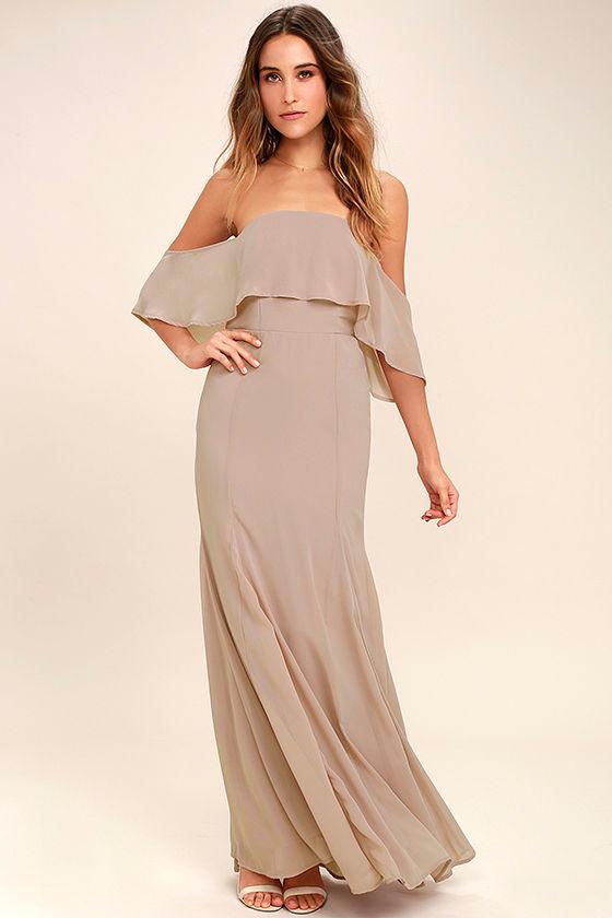 Lulus | All My Heart Taupe Off-the-shoulder Maxi Dress | Size X-small | Grey | 100% Polyester