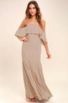 Lulus | All My Heart Taupe Off-the-shoulder Maxi Dress | Size X-small | Grey | 100% Polyester