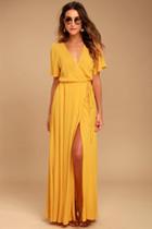 Lulus | Much Obliged Golden Yellow Wrap Maxi Dress | Size Medium | 100% Rayon