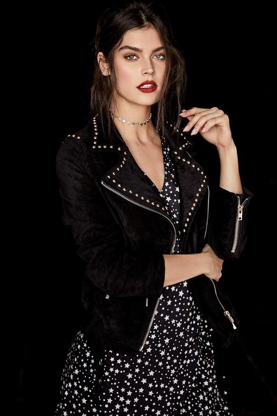 Sadie & Sage | Tell Me About It Stud Black Suede Studded Moto Jacket | Size Large | 100% Polyester | Vegan Friendly | Lulus