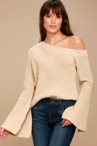 Lulus Glad To See Ya Beige One-shoulder Sweater
