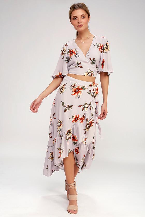 Heyday Lavender Floral Print Two-piece Wrap Midi Dress | Lulus