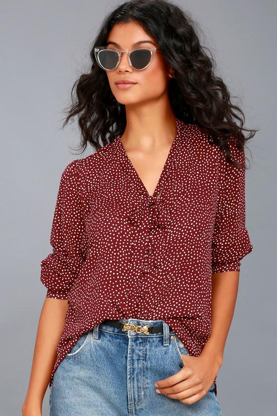 Lulus | On The Spot Burgundy Polka Dot Button-up Top | Size Large | Red | 100% Polyester