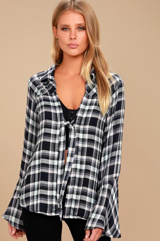 Somedays Lovin' | When We Wake Navy Blue Plaid Knotted Long Sleeve Top | Size Medium | Lulus