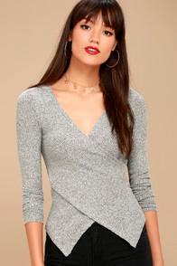 Lulus So Delightful Heather Grey Long Sleeve Wrap Top